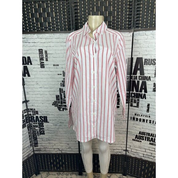 Roaman's 12W White-Red Double Vertical Striped Button Collar Long Sleeve Shirt - Picture 1 of 5